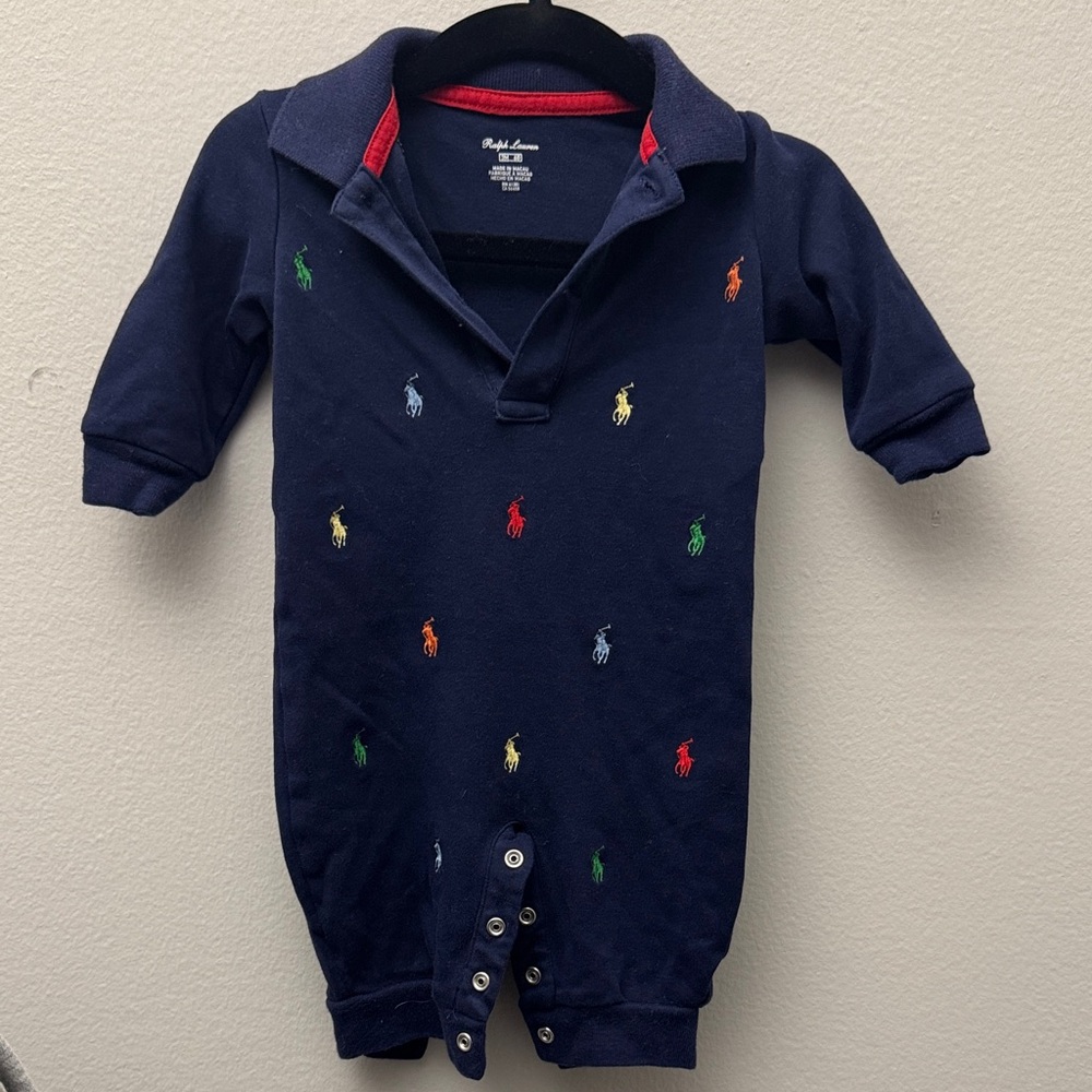 Ralph Lauren Navy Baby Polo Romper with Multicolor Pony Embroidery